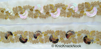 Thumbnail for Gold Sheer Fabric Trim With Antique Gold Floral Embroidery And Pink White Two Tone Sequins Embellishments, Approx. 85mm Wide - 210119L122