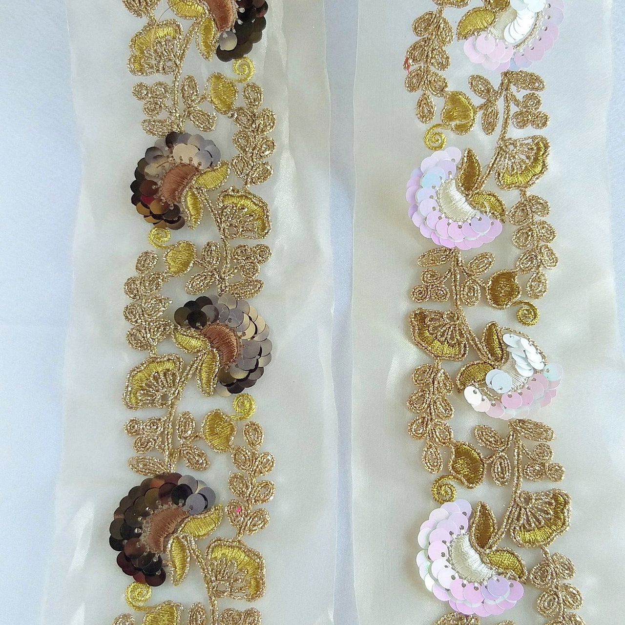Gold Sheer Fabric Trim With Antique Gold Floral Embroidery And Pink White Two Tone Sequins Embellishments, Approx. 85mm Wide - 210119L122