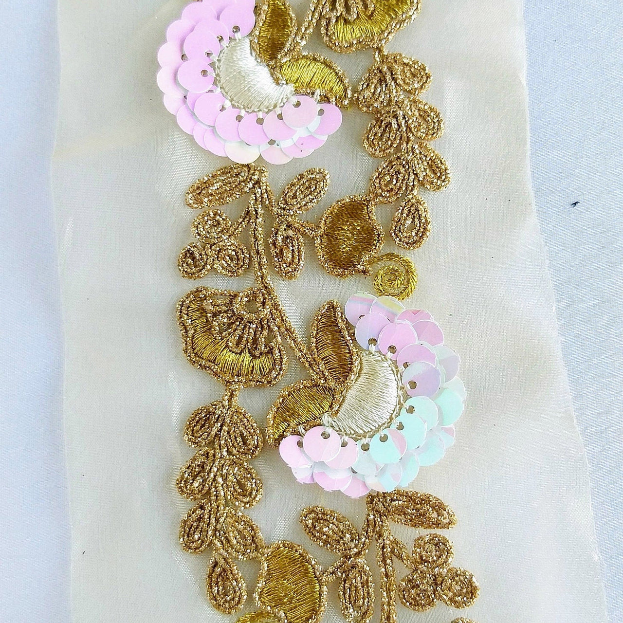 Gold Sheer Fabric Trim With Antique Gold Floral Embroidery And Pink White Two Tone Sequins Embellishments, Approx. 85mm Wide - 210119L122