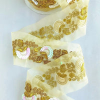 Thumbnail for Gold Sheer Fabric Trim With Antique Gold Floral Embroidery And Pink White Two Tone Sequins Embellishments, Approx. 85mm Wide - 210119L122