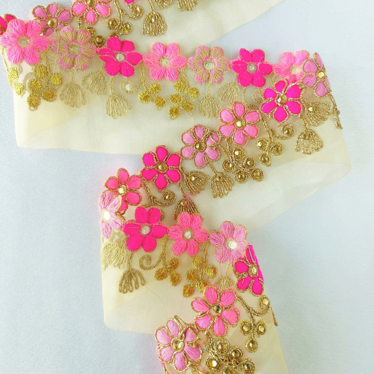 Gold Sheer Tissue Fabric Trim With Embroidered Pink & Gold Flowers, Embellished With Beads, Approx. 65 mm Wide - 210119L102