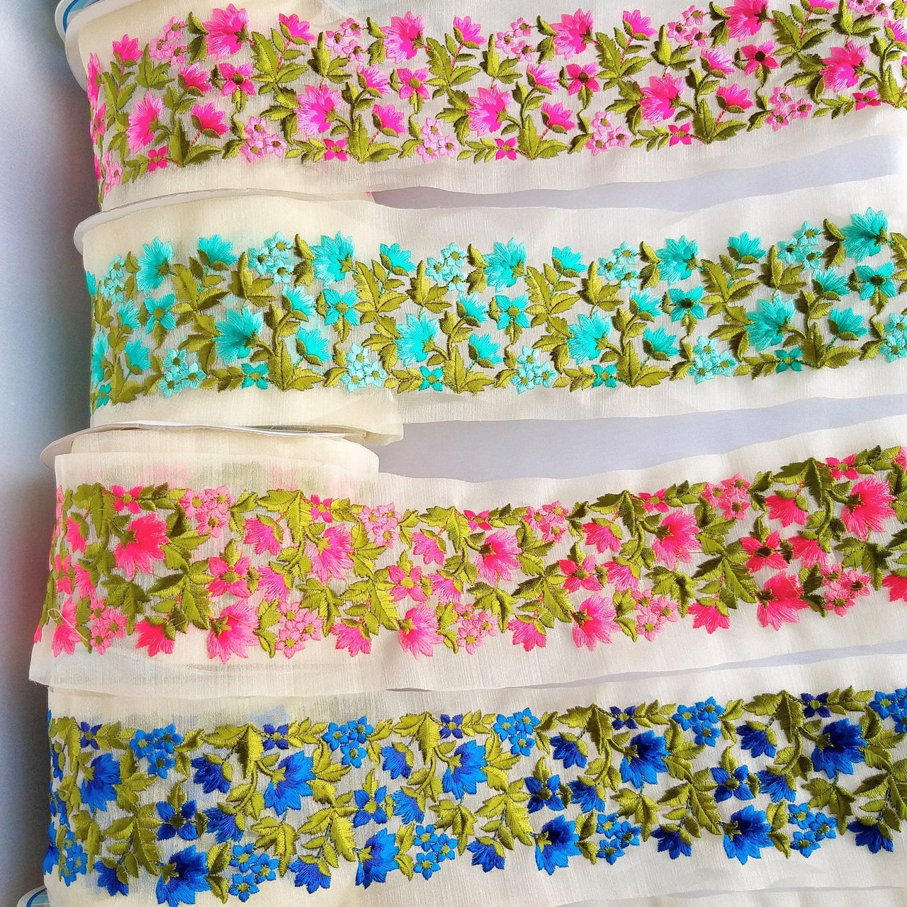 Gold Sheer Tissue Fabric Trim With Embroidered Turquoise / Red / Dark Blue / Pink / Blue / Orange & Green Flowers,