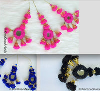 Thumbnail for Fuchsia Pink / Blue/ Black Pom-Pom Tassel, Dangles with Mirror, Keyring, Pompom Latkan