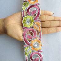 Thumbnail for Orange, Purple, Green And Silver Floral Embroidery Trim
