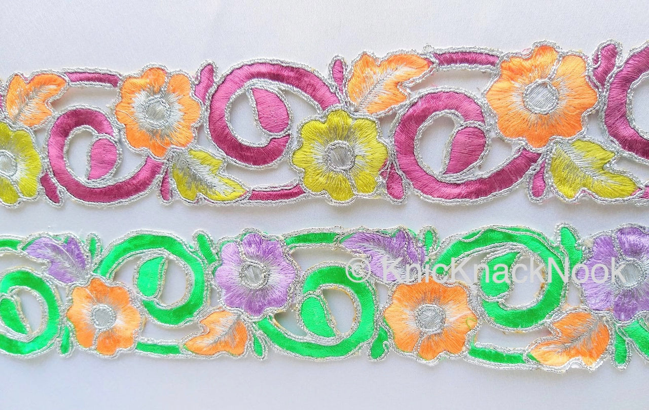Orange, Purple, Green And Silver Floral Embroidery Trim