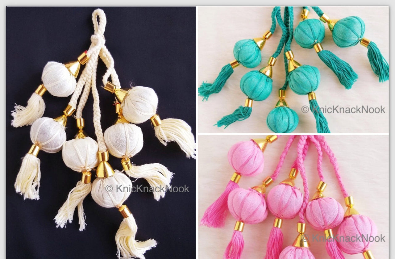 Beige / Green / Pink Cotton Fabric Balls Bunch Tassels, Latkan, Embellishments