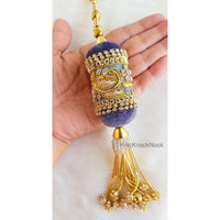 Thumbnail for Velvet Fabric Bolster Tassels In Antique Gold Zardozi Embroidery, Rhinestones & Pearls, Indian Embellishment