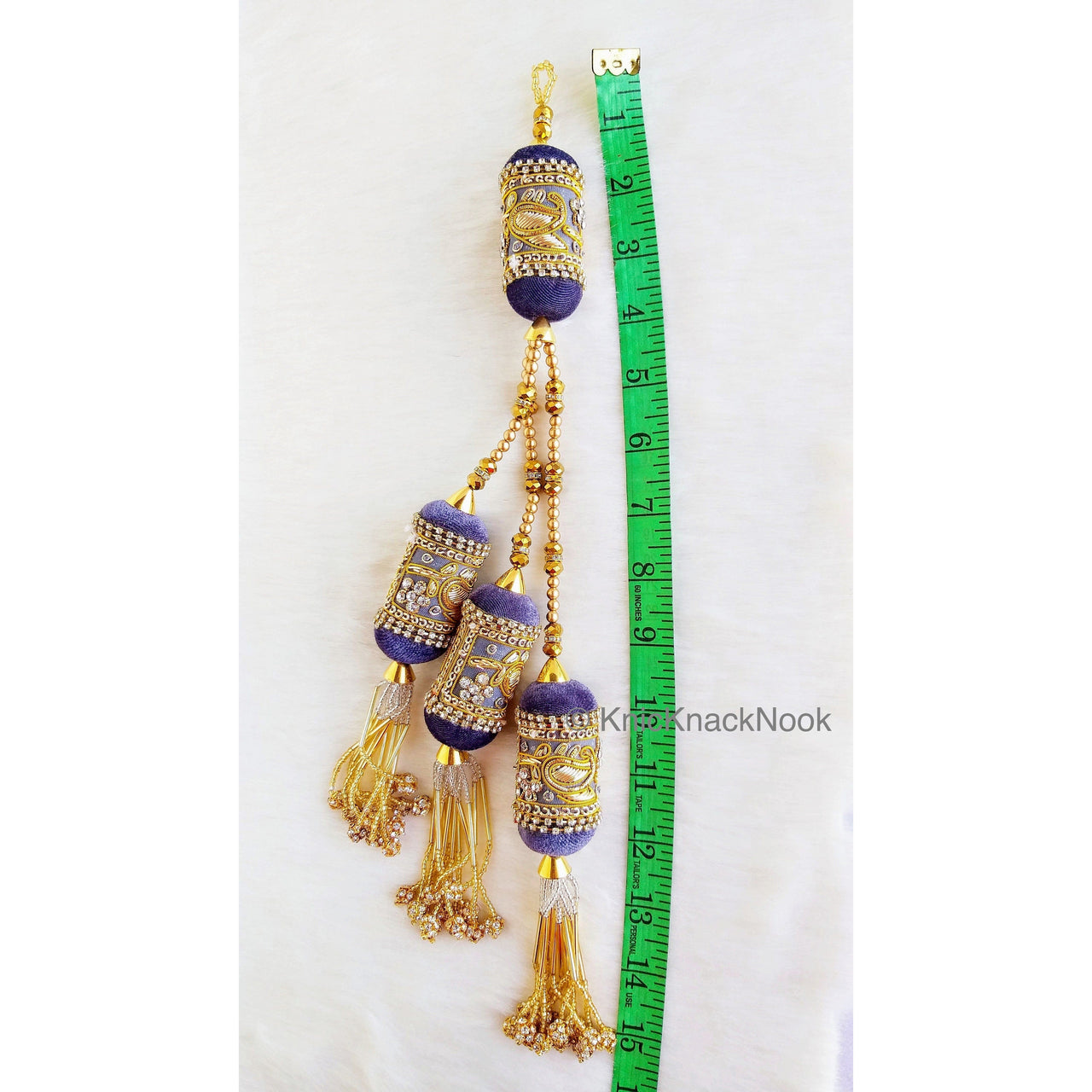 Velvet Fabric Bolster Tassels In Antique Gold Zardozi Embroidery, Rhinestones & Pearls, Indian Embellishment