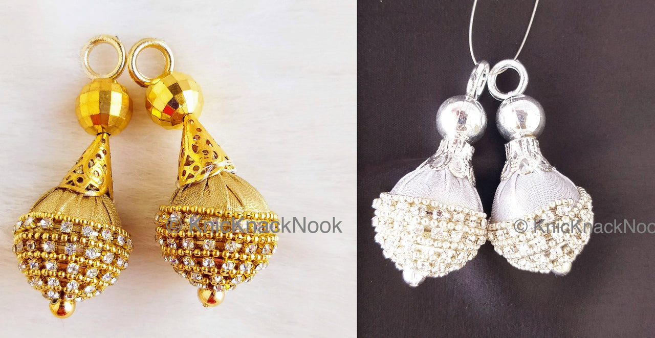 Gold / Silver Ball Shaped Shimmer Fabric Latkan With Gold / Silver Beads and Diamante, Indian Embellishment, Wedding Tassels