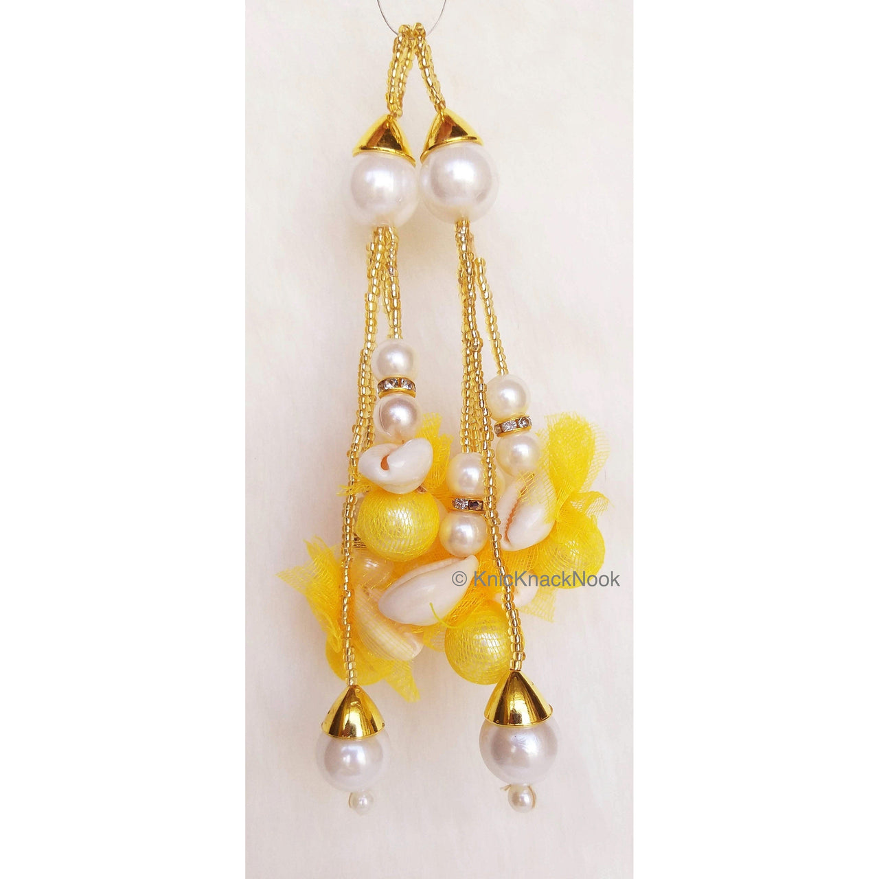 Tassels of Pearl And Cowrie Conch Shell, Pearls And Gold Beads With Net, Indian Tassels