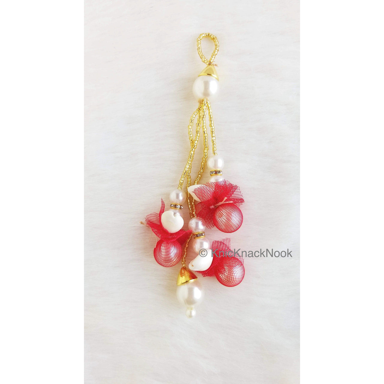 Tassels of Pearl And Cowrie Conch Shell, Pearls And Gold Beads With Net, Indian Tassels