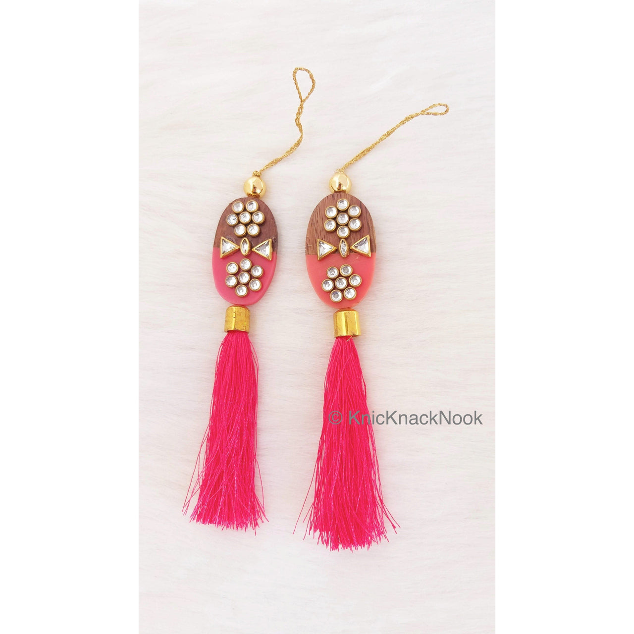 Pink / Blue Tassels With Red And Brown Wood Buttons With Kundan Stones, Indian Tassels, Wedding Supplies