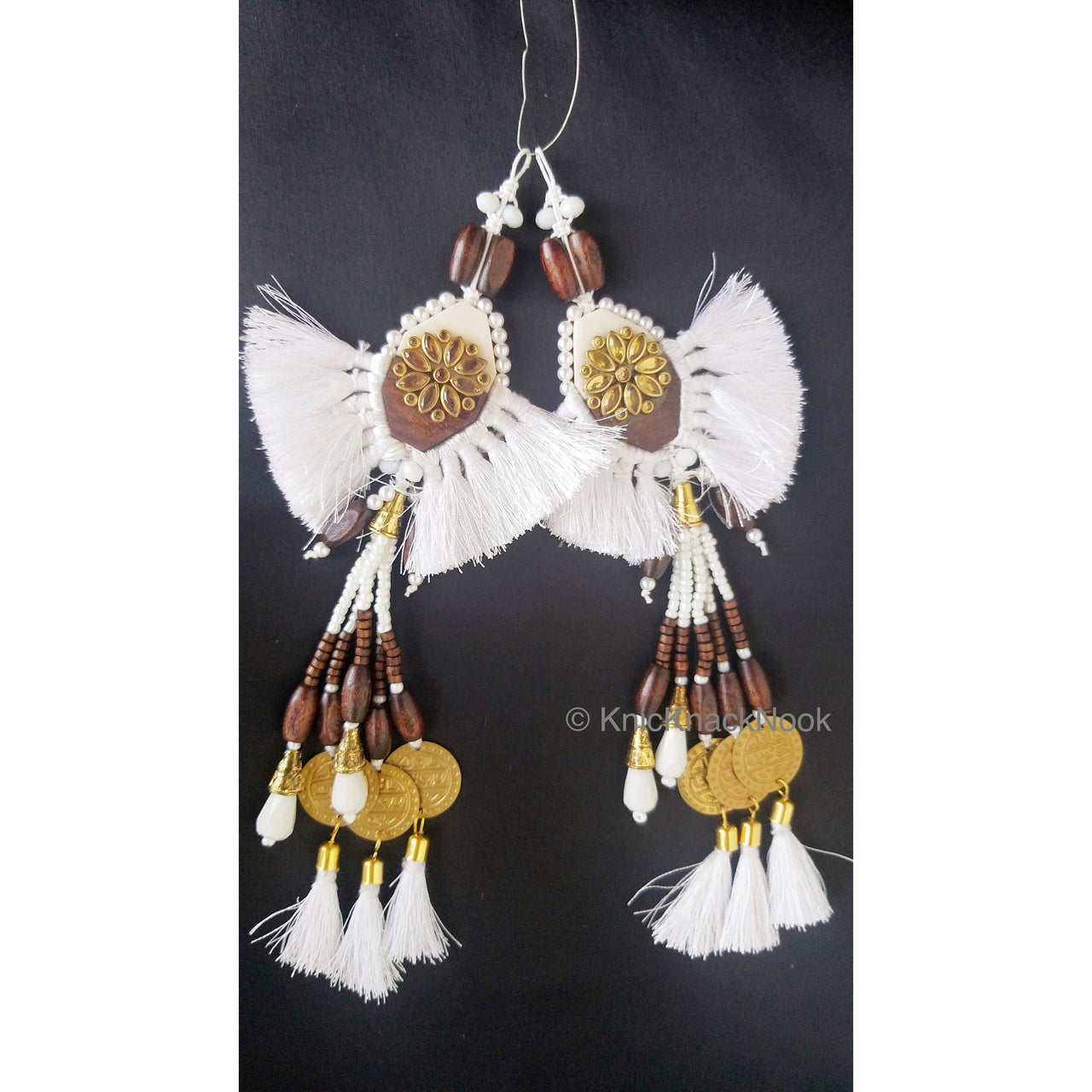 White Tassels With White Acrylic And Brown Wood Button In Kundan Stones, Wood Beads, Pearls