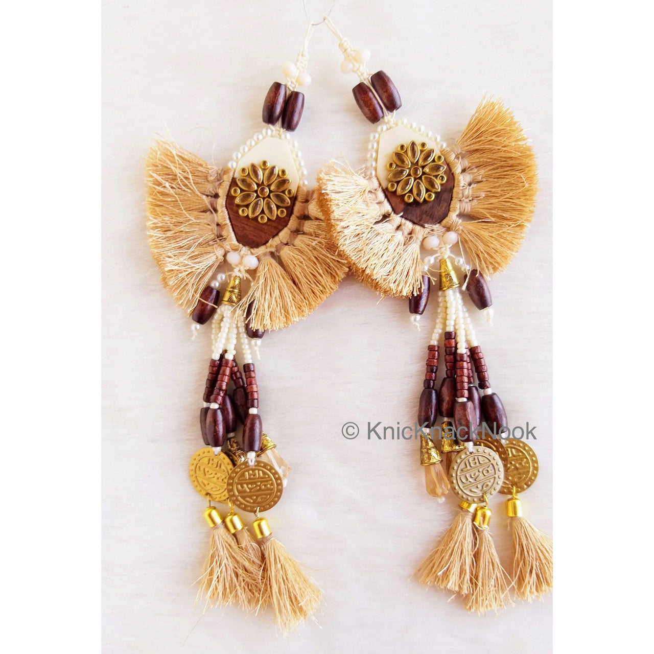 Beige Tassels With White Acrylic And Brown Wood Button In Kundan Stones, Wood Beads, Pearls