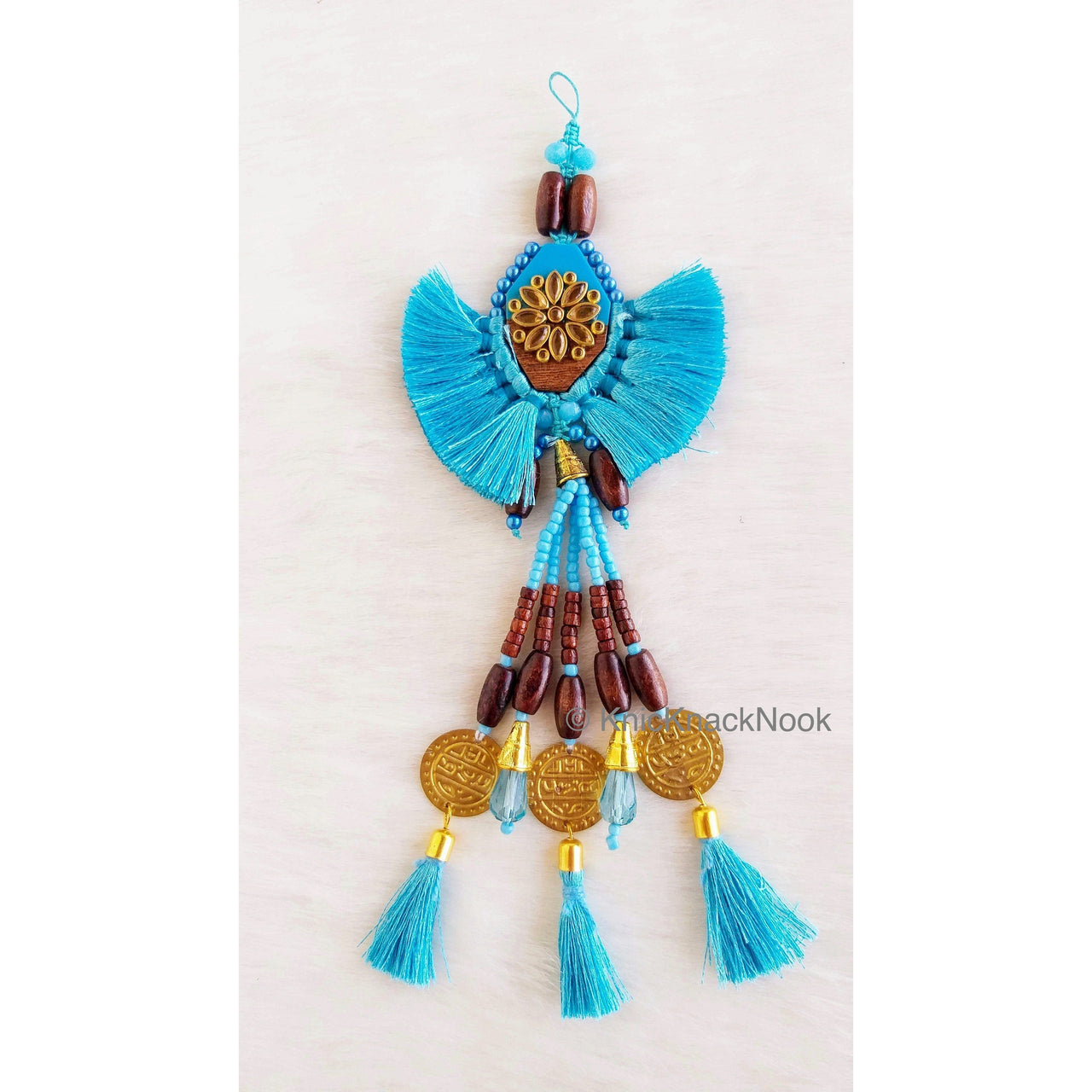 Cyan Blue Tassels With Blue Acrylic And Brown Wood Button In Kundan Stones, Wood Beads, Pearls