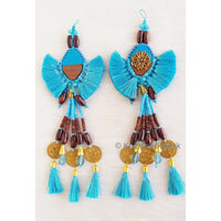 Thumbnail for Cyan Blue Tassels With Blue Acrylic And Brown Wood Button In Kundan Stones, Wood Beads, Pearls