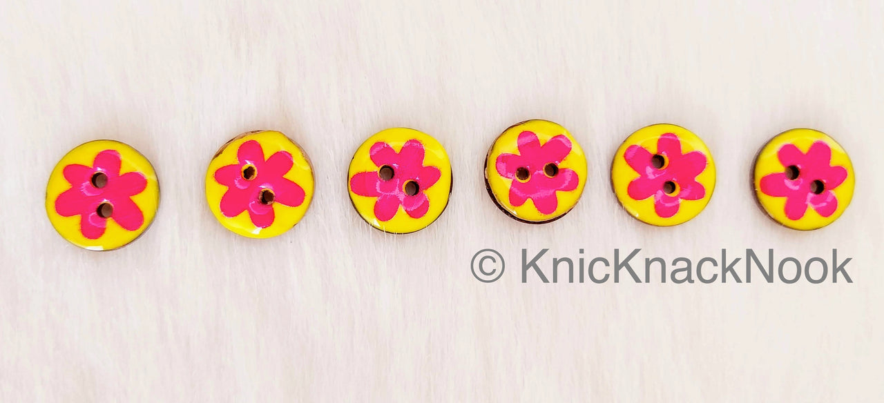 Floral Print Yellow And Pink Round Wood Buttons