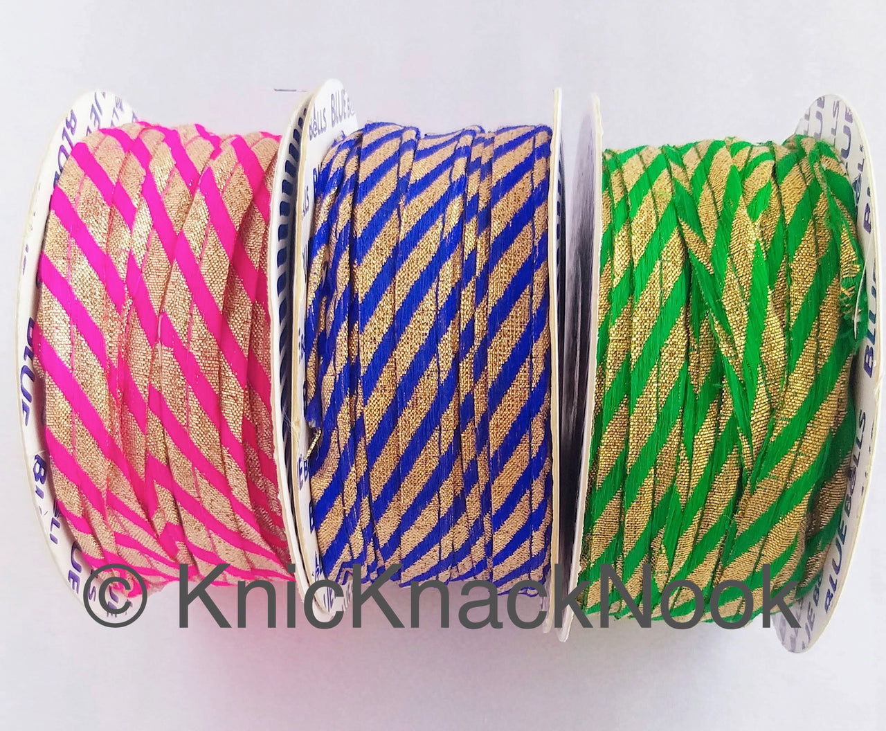 Gold Fabric Cord Trim With Blue / Fuchsia Pink / Green Thread Embroidery, Stripes Pattern, Lehariya, One Yard Lace Trim 10mm WideTrim