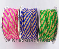 Thumbnail for Gold Fabric Cord Trim With Blue / Fuchsia Pink / Green Thread Embroidery, Stripes Pattern, Lehariya, One Yard Lace Trim 10mm WideTrim
