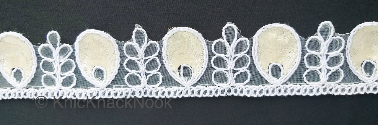 White Tissue Fabric Cutwork Embroidered Lace Trim With White and Off White Embroidery, Approx. 40mm Wide, One yard Lace
