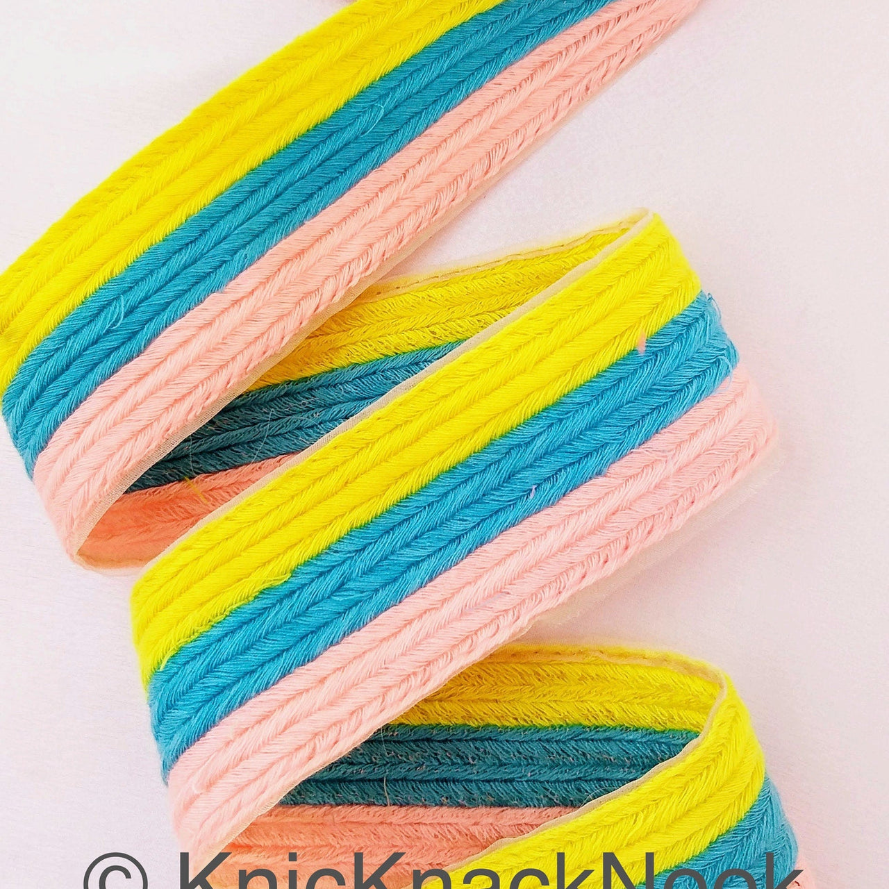 Pink, Blue And Yellow Thread Stripes Trim, Cotton Embroidered Trim