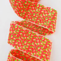 Thumbnail for Beige Sheer Tissue Fabric Trim With Cotton Thread Embroidery In Tomato Red, Green And Nude, Fabric Lace