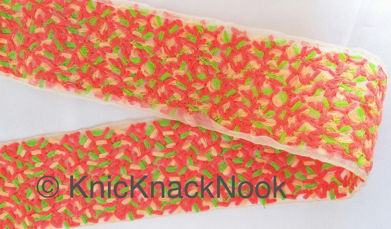 Beige Sheer Tissue Fabric Trim With Cotton Thread Embroidery In Tomato Red, Green And Nude, Fabric Lace