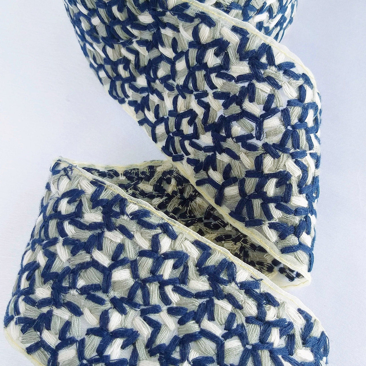 Beige Sheer Tissue Fabric Trim With Cotton Thread Embroidery In Blue, Grey And Off White, Fabric Lace