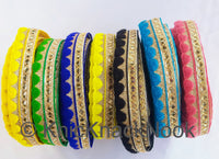 Thumbnail for Wholesale Gold Zari Trim, Embroidered Trim In Yellow / Green / Royal Blue / Lemon Yellow / Black / Blue / Pink,  Approx. 24mm wide