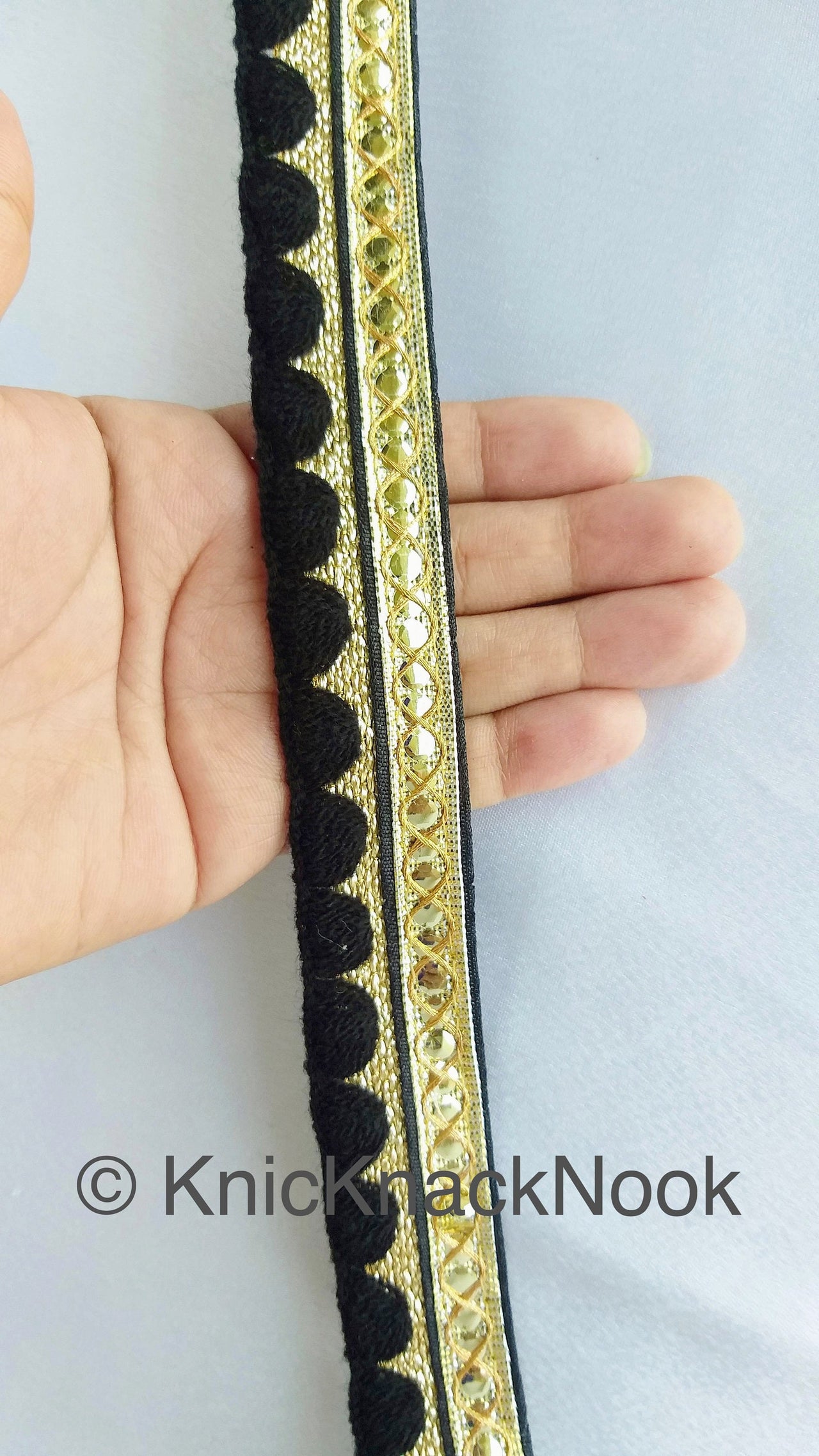Wholesale Gold Zari Trim, Embroidered Trim In Yellow / Green / Royal Blue / Lemon Yellow / Black / Blue / Pink,  Approx. 24mm wide
