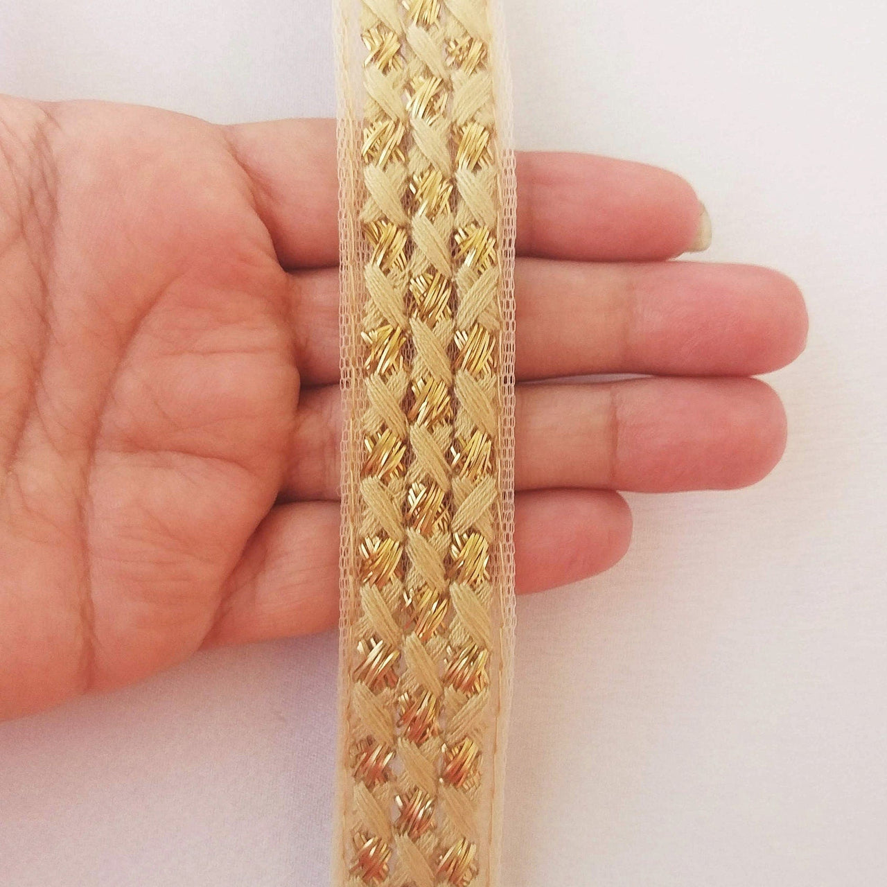 Beige Net Lace Trim With Beautiful  Brown / Red And Gold Embroidery, Approx. 20mm wide