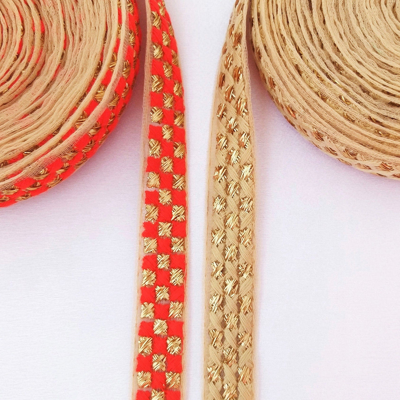Beige Net Lace Trim With Beautiful  Brown / Red And Gold Embroidery, Approx. 20mm wide