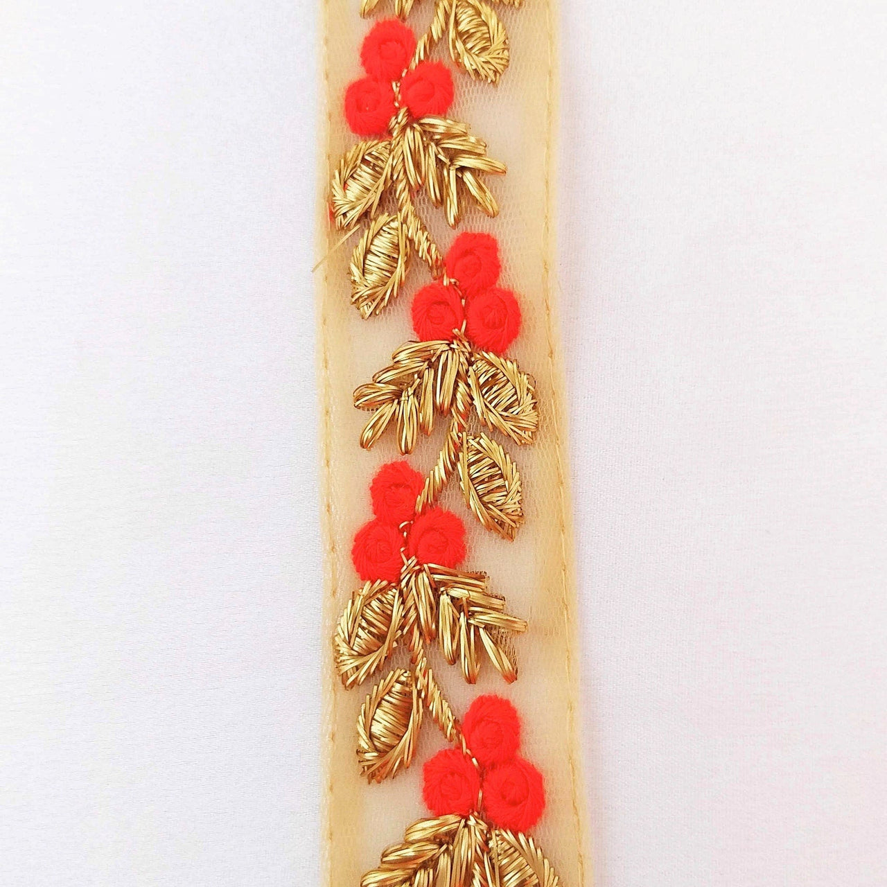 Beige Net Lace Trim With Beautiful  Red / Beige And Gold Floral Embroidery, Embroidered Lace, Approx. 30mm wide