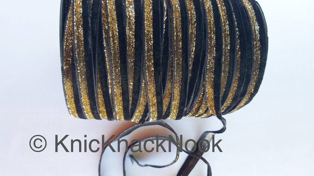 Wholesale Black Velvet Trim With Gitter Gold Detail, Border Piping, Velvet Ribbon