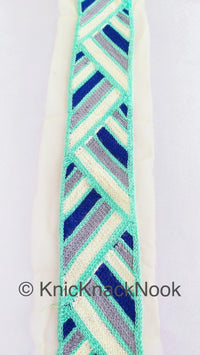 Thumbnail for Beige Net With Blue, Off White, Cyan And Grey Embroidery, Geometric Pattern Trim