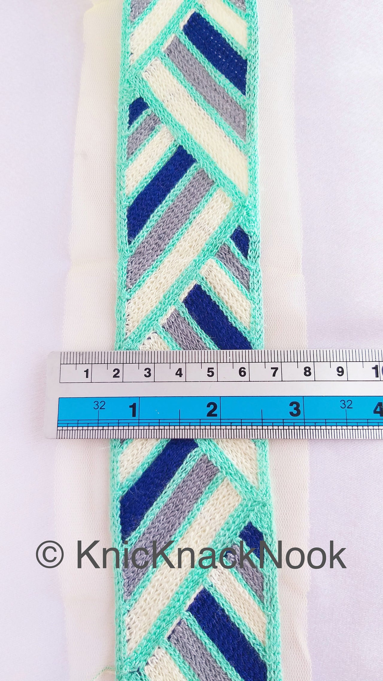 Beige Net With Blue, Off White, Cyan And Grey Embroidery, Geometric Pattern Trim