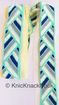 Thumbnail for Beige Net With Blue, Off White, Cyan And Grey Embroidery, Geometric Pattern Trim