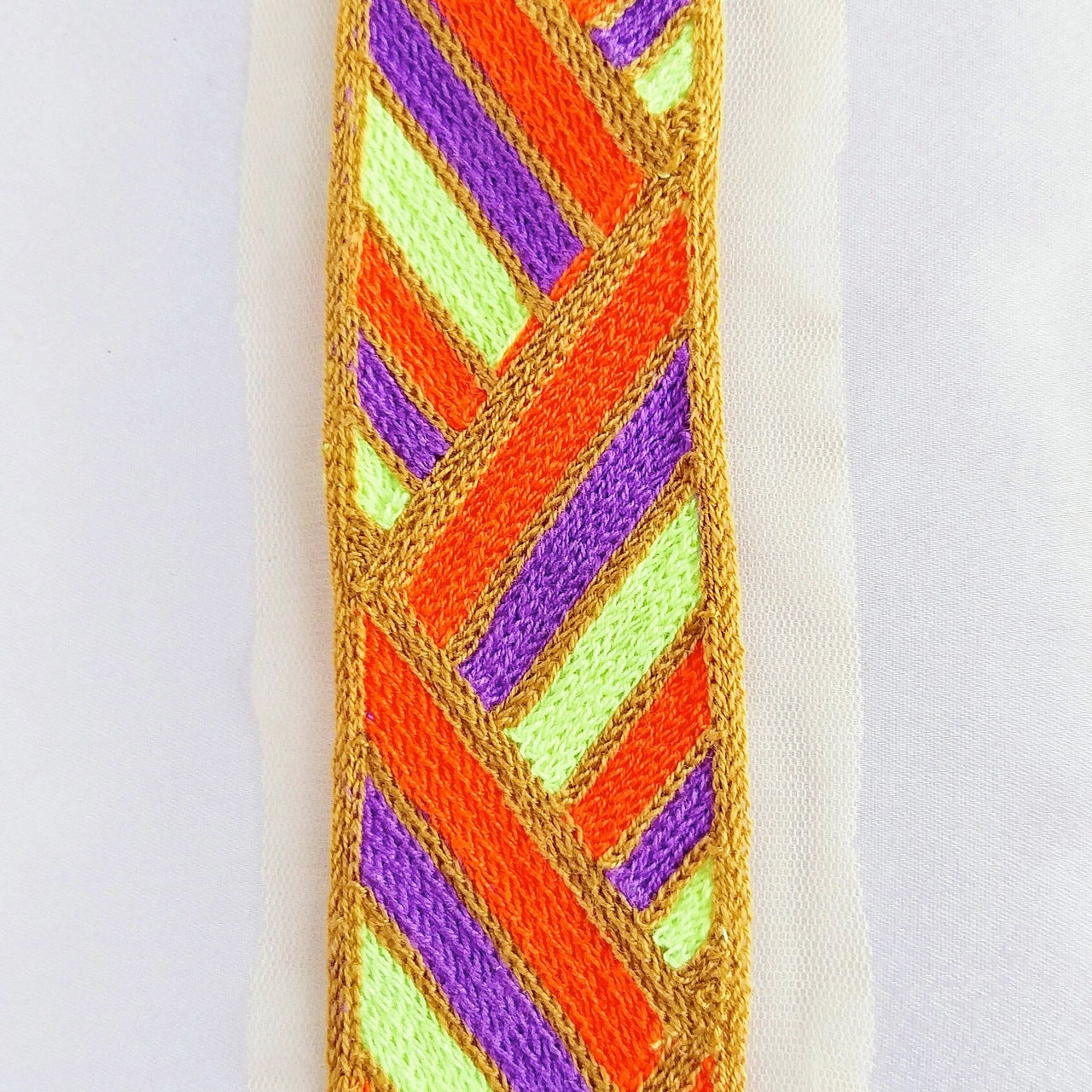 Beige Net Lace in Orange Embroidery, Geometric Pattern Trim, Indian Embroidered Trim Craft Ribbon Decorative Trim Costume Trim Trim By Yard