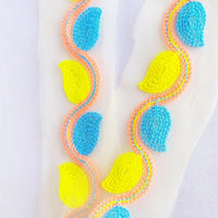 Thumbnail for Beige Net With Yellow, Blue And Orange Embroidery, Leaves Pattern Trim