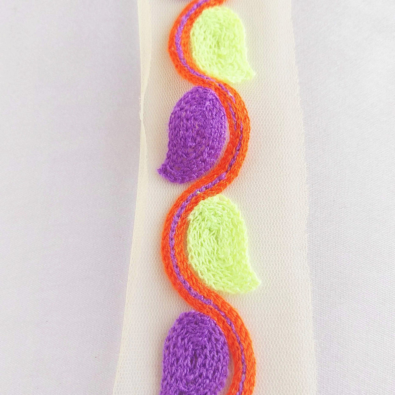 Beige Net With Green, Purple And Orange Embroidery, Leaves Pattern Trim