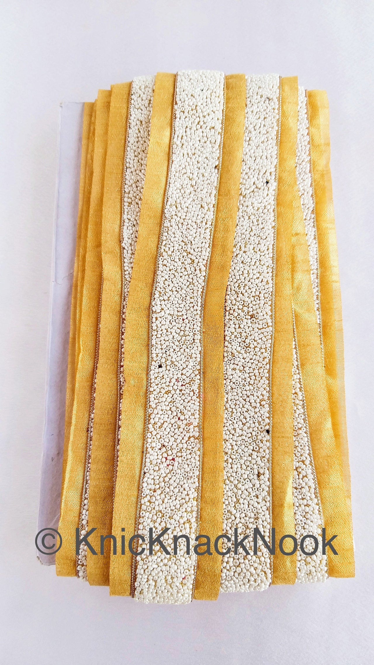 Beige Fabric Trim With White Seed Beads Embellishments, Beaded Trim, 
