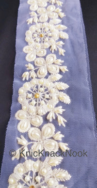 Thumbnail for White Pearl And Rhinestones Beads Net Lace Trim, Floral Trim, One Yard