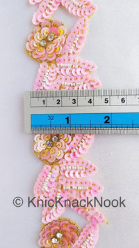 Thumbnail for Pink And Gold Sequins Trim With Diamante Beads, Floral Trims, Trimming