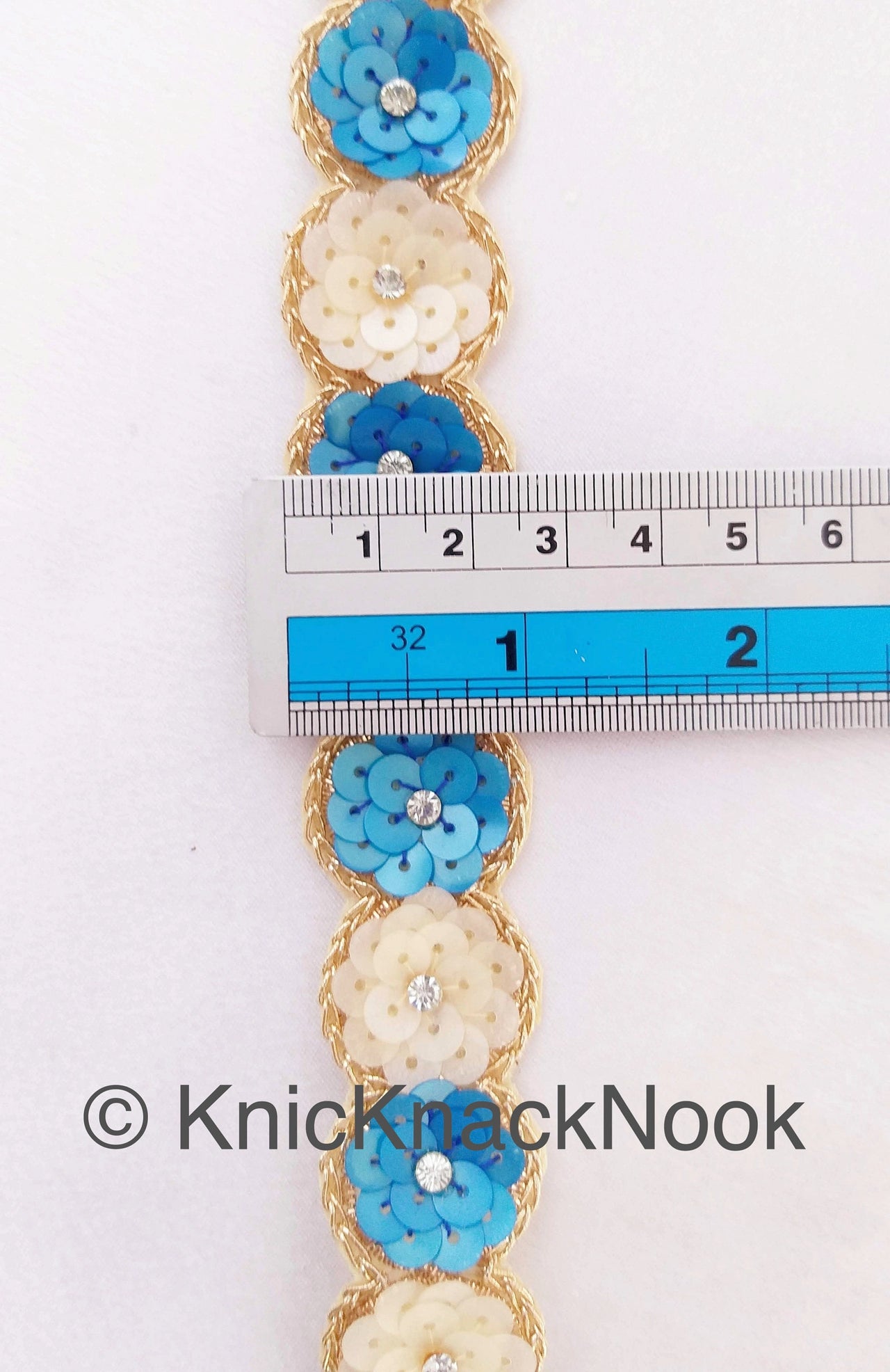 Blue And White Sequins Trim With Diamante Beads And Gold Embroidery, Floral Trims, Trimming