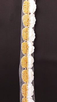 Thumbnail for White Net Lace With Off White Sequins and Gold Beads, Scallop Trim, Exclusive Laces