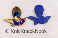 Thumbnail for Hand Embroidered Peacock Applique In Blue, Red and Gold Embroidery With Peacock Feather And Gold Bead, Zardozi Work