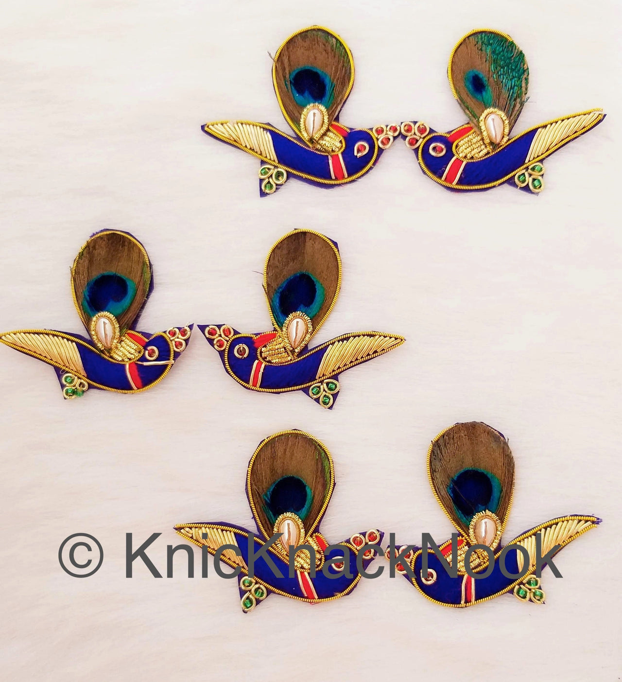 Hand Embroidered Peacock Applique In Blue, Red and Gold Embroidery With Peacock Feather And Gold Bead, Zardozi Work