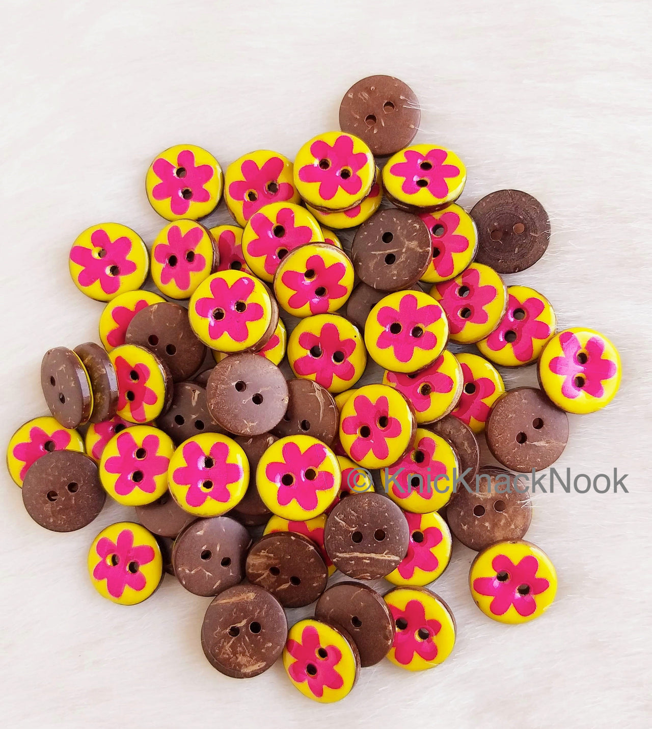 Floral Print Yellow And Pink Round Wood Buttons