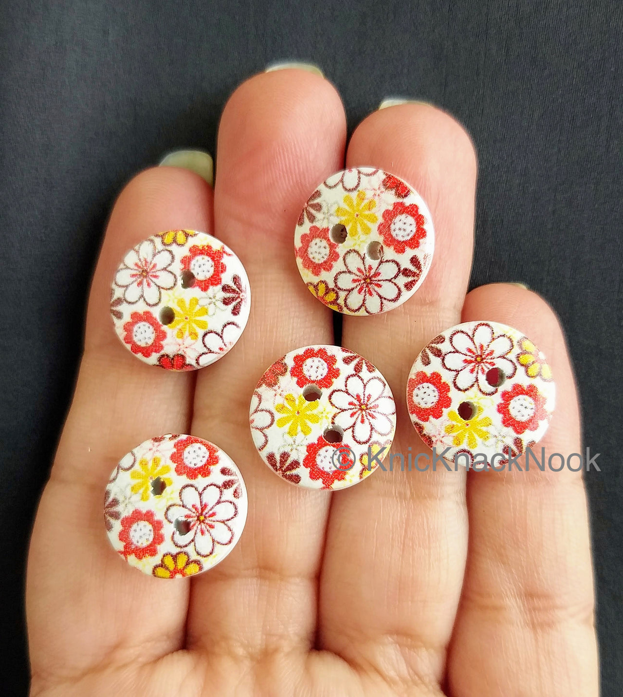 Red And Yellow Floral Print Round Wood Buttons
