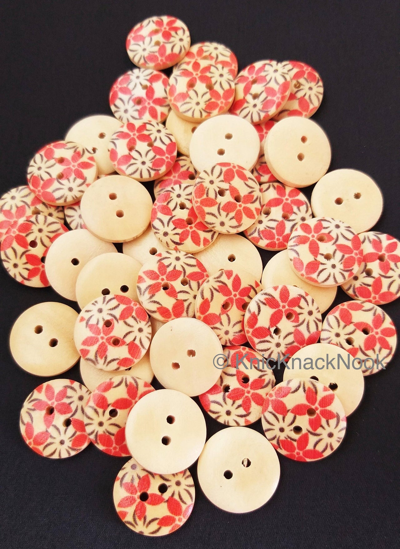 Red And Black Floral Print Round Wood Buttons